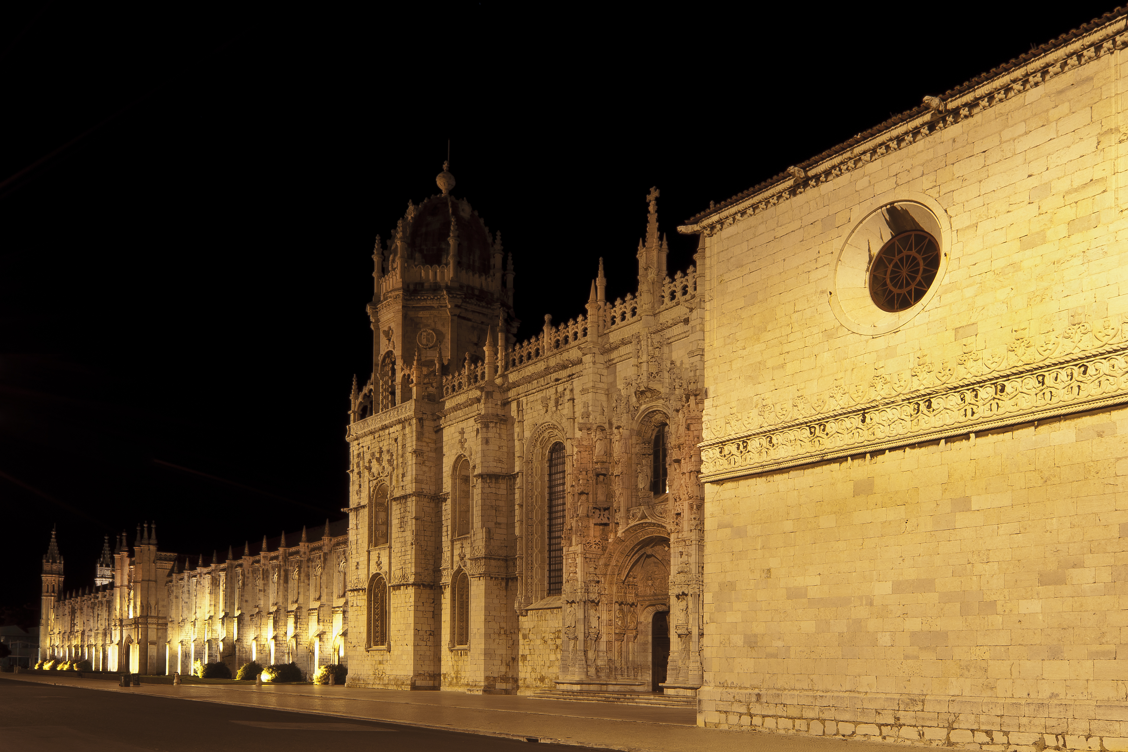 Illuminated Manueline frontage of the monastery